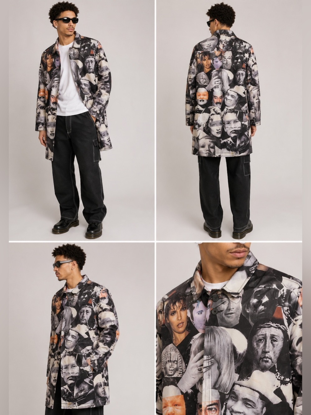 F*cking Awesome Faces Collage Trench Coat XL Streetwear Graphic Print